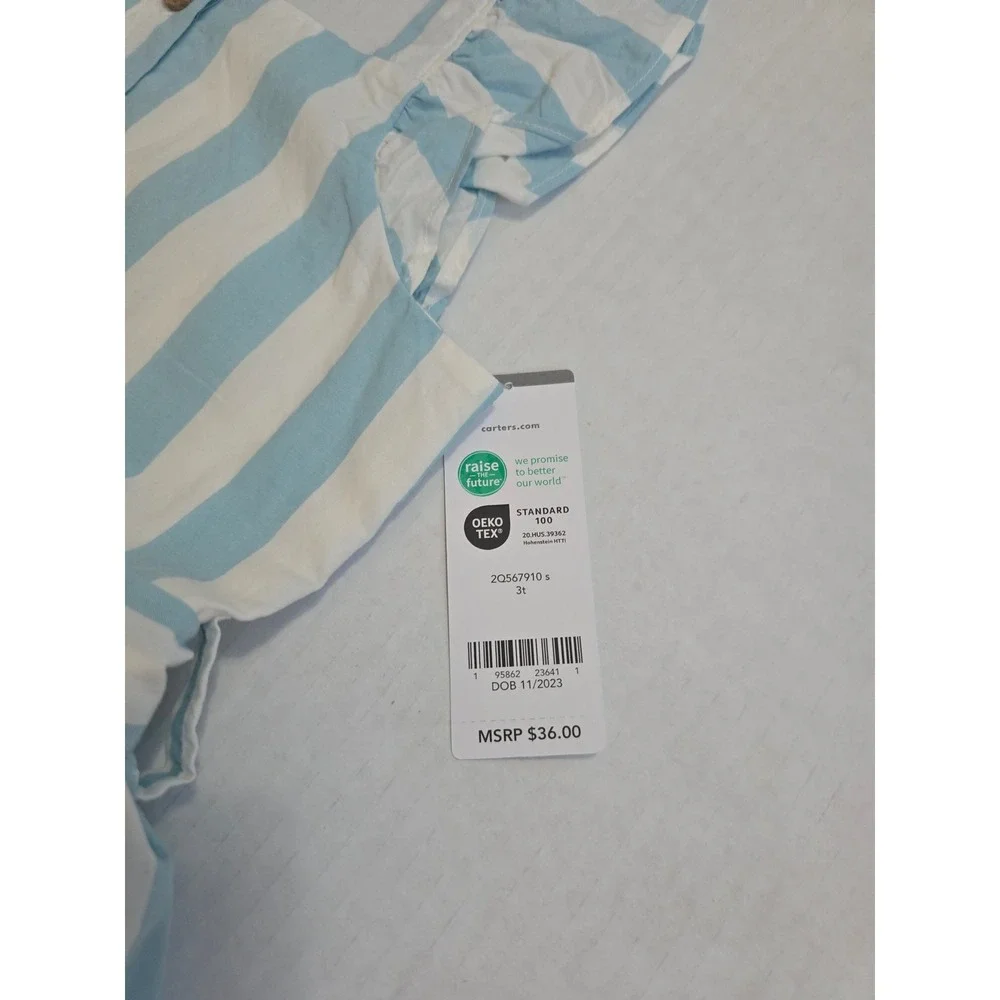 Carters Toddler Girls Blue White Striped Ruffle Strap Cotton Dress 3T NWT